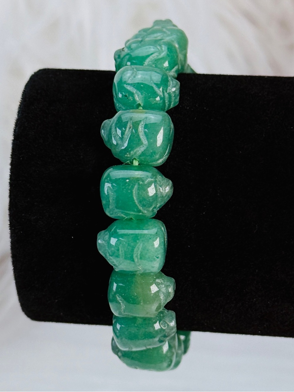 Vintage Hand Carved Green Stone Stretch Weighted Bracelet